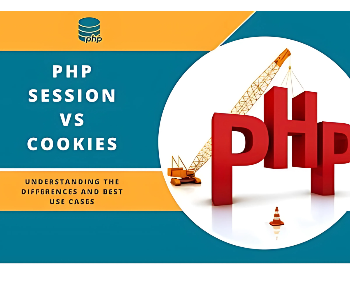 PHP Session vs Cookies: Understanding the Differences and Best Use Cases' with a crane building large 'PHP' text.