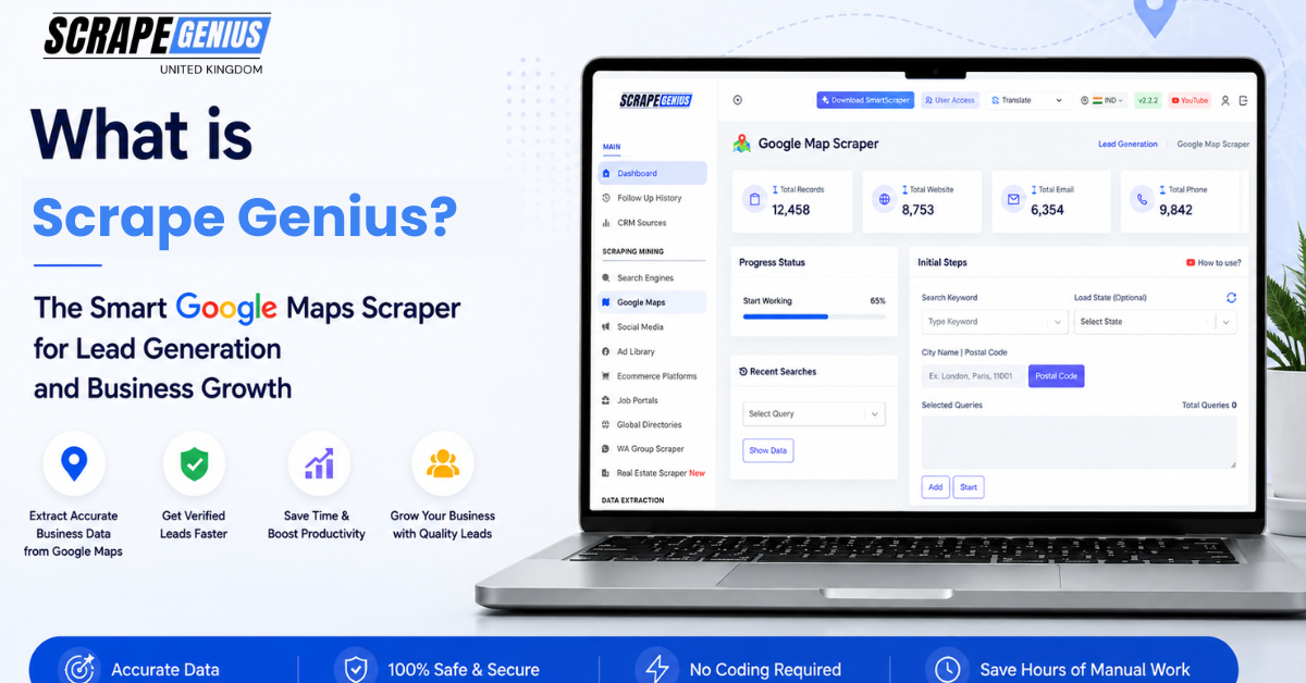 Promotional banner for Scrape Genius, a smart Google Maps scraper designed for lead generation and business growth. The image features a laptop displaying the Google Map Scraper dashboard alongside text highlighting automated business data extraction, verified leads, productivity gains, secure data collection, and no-code lead generation tools.