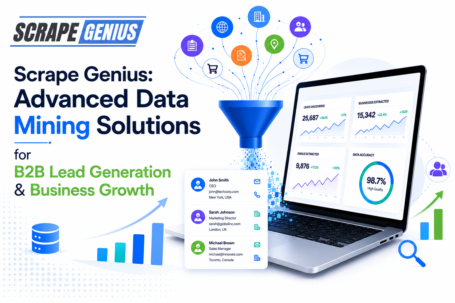 Scrape Genius Advanced Data Mining Solutions for B2B Lead Generation and Business Growth featuring data extraction dashboard, lead generation analytics, and business intelligence illustration