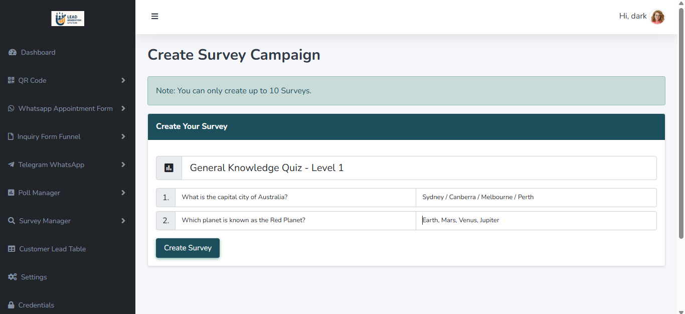 Survey Questions Input