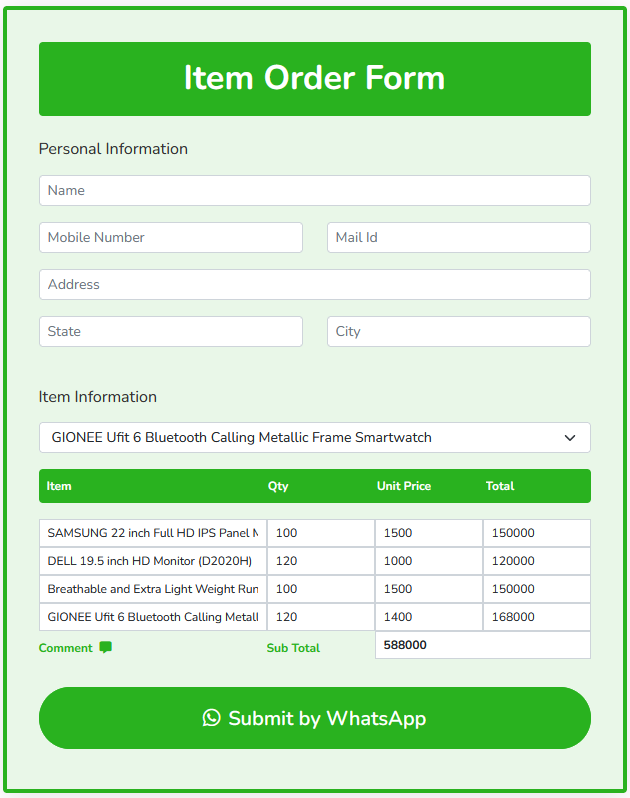 Item Order Form